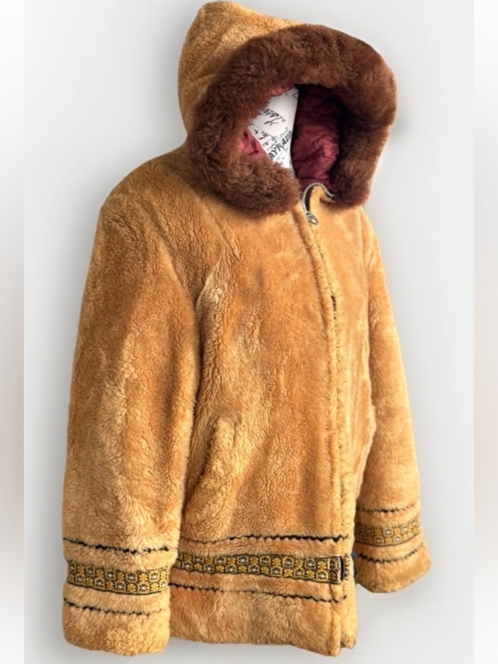 Vintage 70s Eskimo Style Faux Fur Hood Zip Up Boho Embroidered Floral Jacket